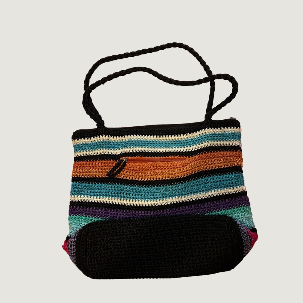 The Sak Crochet Striped Shoulder Bag Multi Color Boho Knit Tote Zip Top